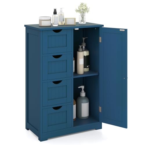 Tangkula Bathroom Floor Cabinet, Freestanding Storage Cabinet with 4 Drawers & Single Door, Adjustable Shelf, Multipurpose Bathroom Storage for Home Office, 21.5 x 12 x 32.5 Inches (Blue) - color: Blue, style: 4 Drawers