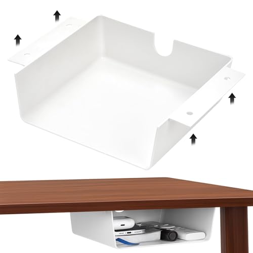 2 Pack Under Desk Hanging Shelf Drawer Organizer, Attachable Plastic Hidden Storage Tray, Easy Adhesive Mount Holder for Standing Tables, Office, Counters, Cabinets, Workstations - White - color: Matte White, size: 2 Pack Large