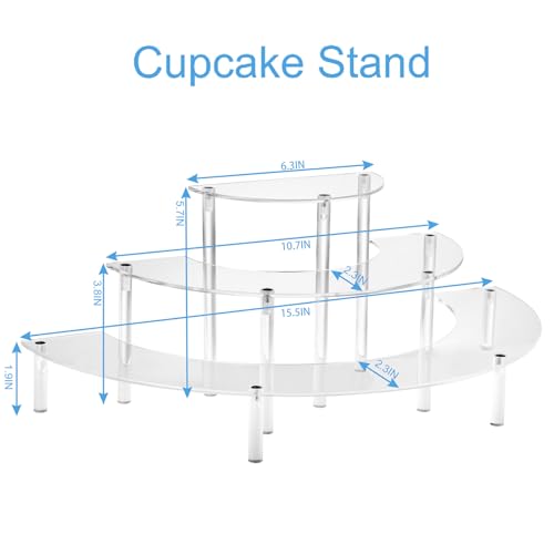 HENABLE Acrylic Display Riser - 3 Tier Clear Cupcake Stand, Perfume Organizer, Half Moon Dessert Stand, Shelf for Food, Amiibo Funko POP Figure Display