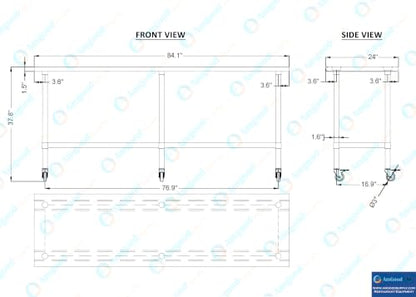 AmGood 84" Long x 24" Deep Stainless Steel Table with Casters - size: 84" Long x 24" Deep