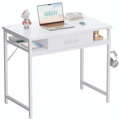 Pamray 32 Inch Small Computer Desk with Drawers for Bedroom Small Spaces | Compact, Sturdy, Easy Assembly, Mini, Suitable for Dorm and Apartment, Study and Writing - color: White