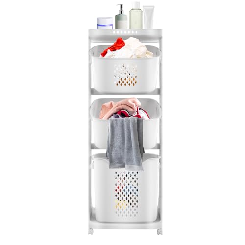 Rolling Laundry Basket with Wheels, 3-Tier Free Standing Laundry Hamper, Portable Storage Cart with 4 Wheels, Multi-Purpose Organizer for Bathroom Bedroom Living Room