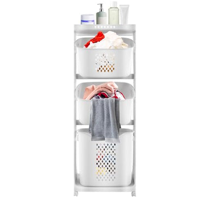 Rolling Laundry Basket with Wheels, 3-Tier Free Standing Laundry Hamper, Portable Storage Cart with 4 Wheels, Multi-Purpose Organizer for Bathroom Bedroom Living Room