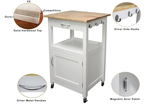 eHemco Kitchen Island Cart on Wheels, White Base | Drawer, Storage Cabinet, Shelf, Natural Solid Hardwood Top - color: White