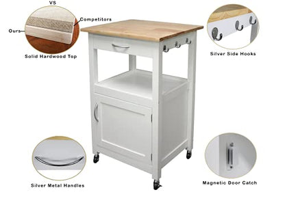 eHemco Kitchen Island Cart on Wheels, White Base | Drawer, Storage Cabinet, Shelf, Natural Solid Hardwood Top - color: White