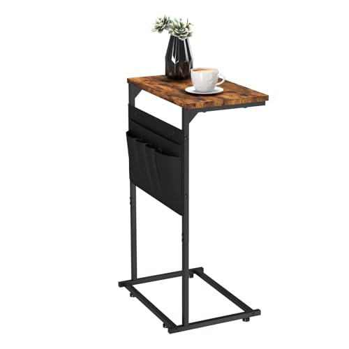 C Shaped End Table, Small Side Table with Storage Bag for Couch, Sofa Table with Metal Frame for Living Room and Bedroom Bedside, Rustic Brown ZER-007Br - color: Brown