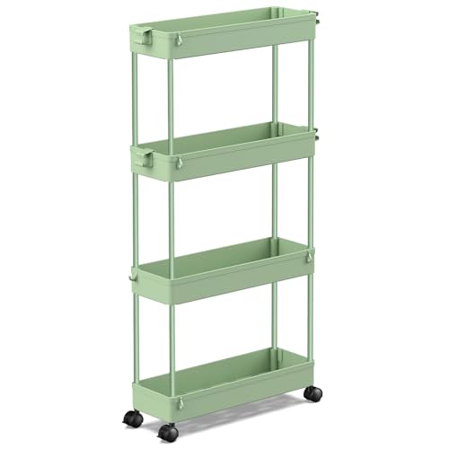 SPACEKEEPER Slim Rolling Storage Cart 4 Tier Bathroom Organizer Utility Cart Mobile Shelving Unit Tower Rack for Kitchen, Laundry Room, Bathroom, Narrow Places, Green - color: Green