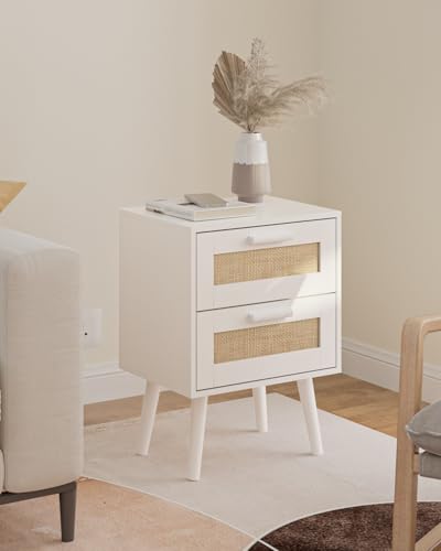 Masupu Rattan Night Stand, Modern nightstand Boho Bedside Table with 2 Drawer, Small End Side Table for Bedroom,Living Room,Office,White - color: White
