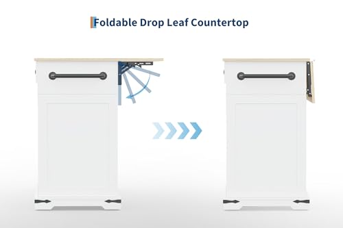 Garvee 54" Kitchen Island with Drop Leaf & Power Outlet | Large Rolling Cart with Trash Cabinet, 2 Sliding Barn Doors, 3 Drawers Mobile Island Table, Spice Rack & Towel Rack, White - color: White & Oak