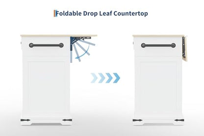 Garvee 54" Kitchen Island with Drop Leaf & Power Outlet | Large Rolling Cart with Trash Cabinet, 2 Sliding Barn Doors, 3 Drawers Mobile Island Table, Spice Rack & Towel Rack, White - color: White & Oak