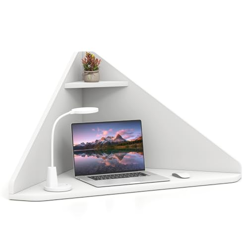 GOFLAME Floating Corner Desk, Wall Mounted Triangular Computer Desk w/Storage Shelf, Space-Saving Design, 90° Wooden Floating Home Office Desk for Writing, Working, Studying (White) - color: White