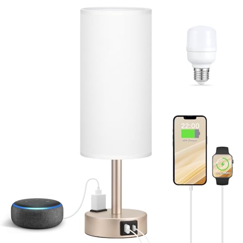 Antique White Bedside Table Lamp for Bedroom - 3 Way Dimmable Touch Lamp USB C Charging Ports and AC Outlet, Small Lamp Gold Base Round Flaxen Fabric Shade for Living Room, Desk, LED Bulb Included - color: White - Antique White, size: 14" Touch Control
