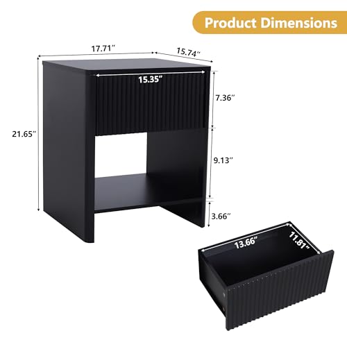 Mid Century Modern Night Stand with Drawer, Black Nightstand for Bedroom, Small End Table with Storage, Living Room/Bed Side Table with Drawer for Small Spaces, Fluted Cabinet Wood Nightstand - color: Black