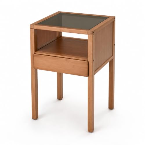 Bamboo Nightstand Small Bedside Tables with Drawer,Gray | Tempered Glass Top, Open Shelf, Mid Century Modern Night Stand for Bedroom, Living Room, Apartment, Small Space - color: Gray Glass