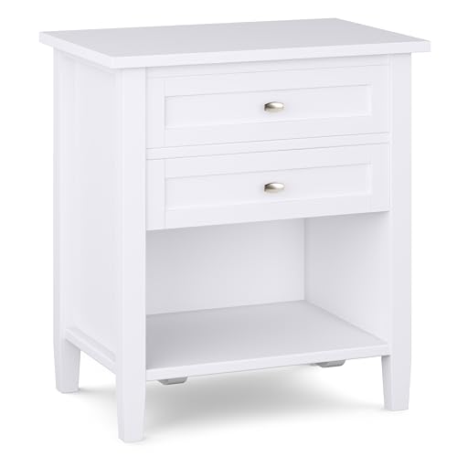 SIMPLIHOME Warm Shaker Bedside Table - 24 inch Wide Solid Wood Nightstand in White, Transitional Bedroom Side or End Table with 2 Drawers, Open Shelf Storage and Brushed Nickel Hardware - color: White