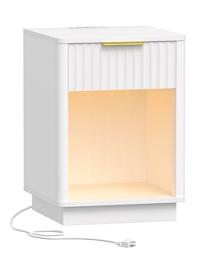 Akxomel Fluted Nightstand, Wooden Night Stand with Charging Station and LED Light, Modern Mid Century End Table with Drawer, 15" D x 15.7" W x 22.6" H, for Bedroom, White - color: White