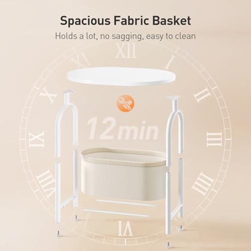 RALGEND Small Round Side Table with Fabric Basket Storage, Oval End Table for Small Spaces, Modern Coffee Bedside Table, Couch Side Table for Living Room, 15.7" X 11.8" X 24", White and Beige 8601BZWT - color: White and Beige