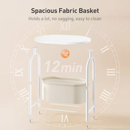 RALGEND Small Round Side Table with Fabric Basket Storage, Oval End Table for Small Spaces, Modern Coffee Bedside Table, Couch Side Table for Living Room, 15.7" X 11.8" X 24", White and Beige 8601BZWT - color: White and Beige