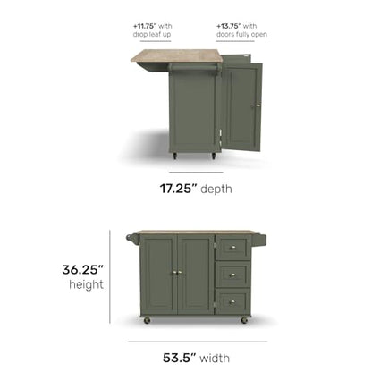 Homestyles Mobile Kitchen Island Cart with Wood Top and Dropleaf Breakfast Bar, 18" D x 53.5" W x 36" H, Green - color: Green