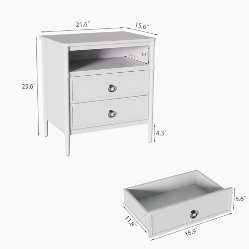 Nightstand, Mid Century Modern Night Stand with 2 Drawers and Open Shelf, Beside Table with Distressed Ring Handle for Bedroom,End Table (1, White) - color: White