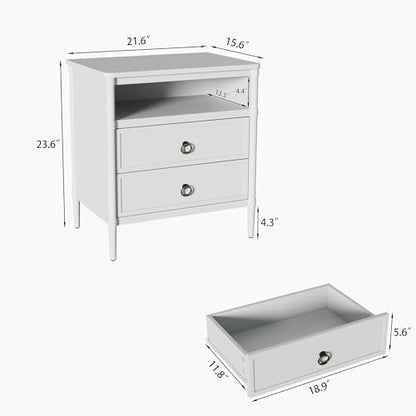 Nightstand, Mid Century Modern Night Stand with 2 Drawers and Open Shelf, Beside Table with Distressed Ring Handle for Bedroom,End Table (1, White) - color: White