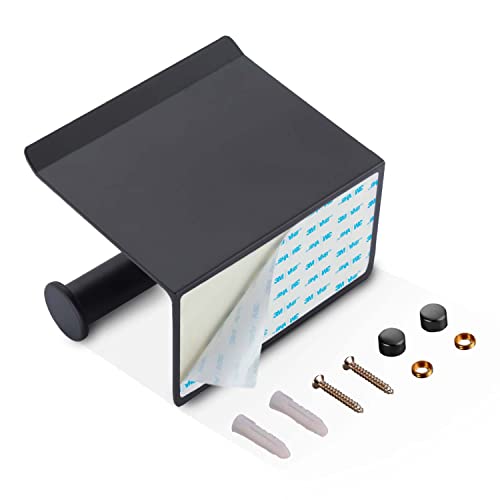 Toilet Paper Holder with Phone Shelf, Self Adhesive Aluminum Tissue Roll Dispenser for Mega Roll, Wall Mounted Toilet Paper Roll Holder for Bathroom, Matte Black - color: Matte Black