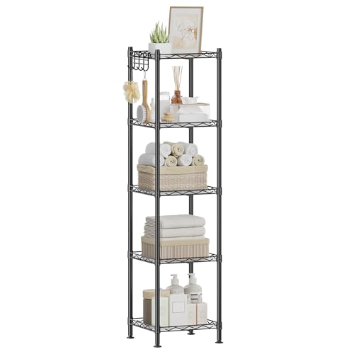 SONGMICS Storage Shelf, Bathroom Shelf, 5 Tier, Ink Black | Small space storage rack, with 5 PP shelf liners, removable hook, extendable design, Translucent, ULGR23BK - color: Ink Black + Translucent, size: 5 Tiers (11.8"D x 11.8"W), style: With PP Shelf