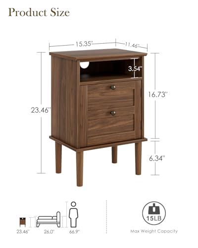Nightstand, Boho Night Stand with 1 Drawer, Modern Side Accent Table with Open Shelf, Wooden Top Bedside End Table for Bedroom, Living Room, Walnut - color: Walnut