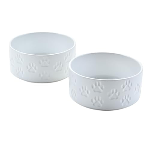 SPUNKYJUNKY Ceramic Dog and Cat Bowls 2 Pack, 5.1'' Dog and Cat Food Water Double Feeding Bowls Non-Slip for Cats and Puppy Small Sized Breed Dogs Microwave Dishwasher Safe - 13.5 OZ, 2pcs, Paw White - color: Paw White - Only Bowls*2, size: 5.1 in - 1.7 c