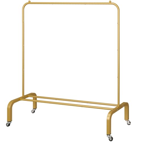 Metal Clothing Rack with Wheels 43.3 Inches Rolling Clothes Garment Coat Rack with Bottom Shelf Clothing Rack for Hanging Clothes Coats Skirts Shirts Sweaters Gold - color: Gold, size: 43.3"W x 15.75"D x 61"H with wheels
