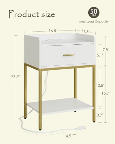 Nightstand with Charging Station,3-Tier Bedside Table for Small Space,Modern Night Stand with Storage Drawer and Shelf,Small Side Table for Bedroom,Living Room,White - color: White With Charging Station
