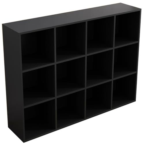 OSCHF 12-Cube Storage Shelf Bookcase - Wooden 3-Tier Floor Standing Open Bookshelf for Home and Office, Display Cabinet, Black - color: Black, size: 12-Cube