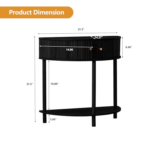 XUZENEST Fluted Half Moon Console Table, Modern Small Entry Table Sofa Table with Storage, Solid Wood Legs Narrow Entryway Table for Living Room, Hallway, Foyer(Black) - color: 31.5 Black