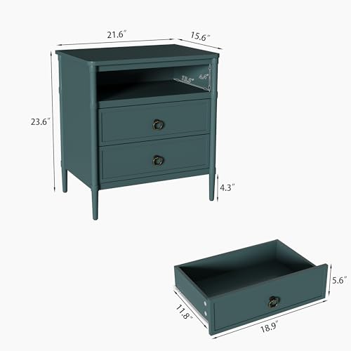 Nightstand, Mid Century Modern Night Stand with 2 Drawers and Open Shelf, Beside Table with Distressed Ring Handle for Bedroom,End Table (1, Green) - color: Green
