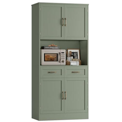 HOSTACK 71" Tall Kitchen Pantry Storage Cabinet, Wood Kitchen Hutch, Green | Modern Pantry Cabinet with Microwave Stand, Hutch Cabinet with Countertop & Drawers, Storage Cabinet for Living Room - color: Green + Bronze Handles