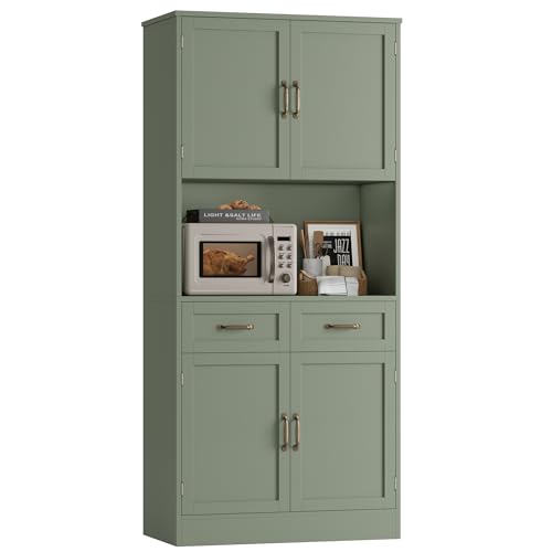 HOSTACK 71" Tall Kitchen Pantry Storage Cabinet, Wood Kitchen Hutch, Green | Modern Pantry Cabinet with Microwave Stand, Hutch Cabinet with Countertop & Drawers, Storage Cabinet for Living Room - color: Green + Bronze Handles
