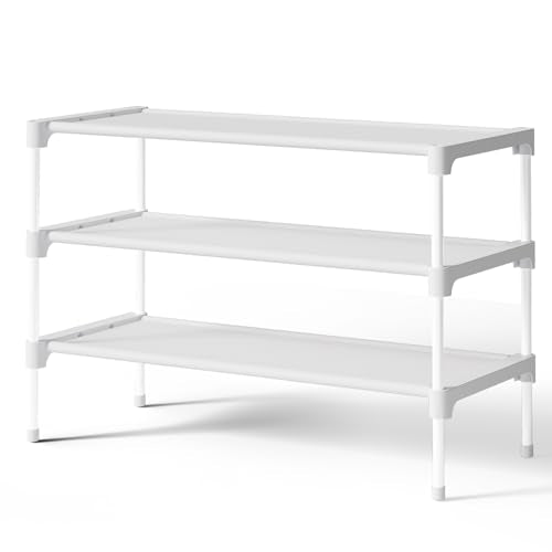 Kitsure Shoe Rack - Non-Woven Shoe Rack Shelf, Shoe Organizer for Closet, Entryway, Garage & Corridor, Stackable Shoe Shelves, 27.5" Wide - 3 Tier, White | Shoe Organizer for Closet, Entryway, Garage, Stackable Shoe Shelves, college dorm&apartment essenti