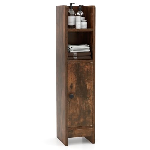 Giantex Small Bathroom Cabinet, Narrow Slim Storage Cabinet w/ 3-Level Adjustable Shelf & Anti-toppling Design, Freestanding Floor Corner Toilet Paper Holder for Bathroom, Living Room, Small Spaces - color: Rustic Brown