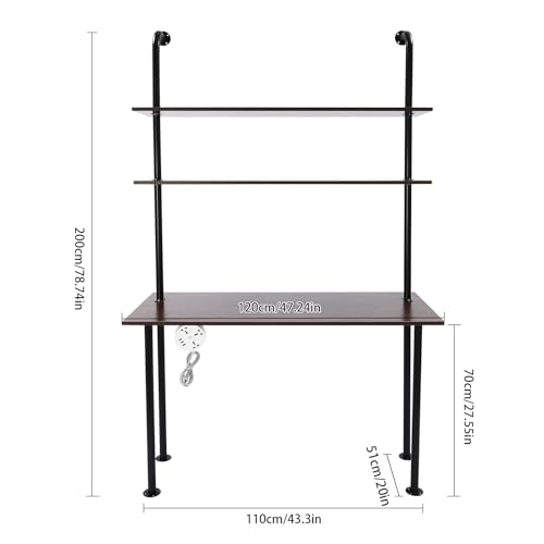 2-Shelf Industrial Wall Mount Ladder，Wall Mount Computer Desk Writing Desk,Industrial Bookcase Desk with Shelves，Floating Desk with Storage, Wall Table for Home Office, Brown (47.2"×20"×79") - color: Black/ Brown (47"w)