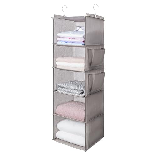 BOOMIBOO Hanging Closet Organize and Shelves，5-Hanging Shelf with 2 Side Pockets，Storage Foldable （Light Grey） - color: Light Gray, size: 1