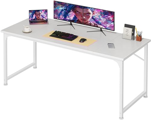 PRAISUN 55 Inch Computer Desk, Home Office Desk with Spacious Desktop, Modern Gaming Desk, Writing Study Table for Bedroom, Small Spaces, Work from Home Desk with Metal Frame, White - color: White, size: 55INCH