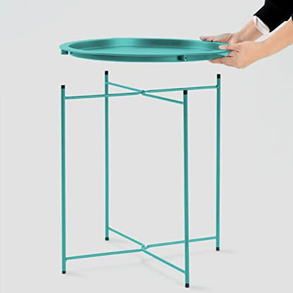 Garden 4 you End Table Metal Side Table Green Round Folding Tray Cyan Sofa Small Accent Fold-able Table, Round End Table Tray, Next to Sofa Table, Snack Table for Living Room and Bed Room - color: Green