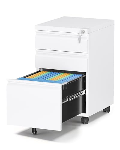 3 Drawer Mobile File Cabinet with Lock,Under Desk Filing Cabinet for Home Office, Metal Filing Cabinets on Wheels for Legal/Letter/A4 File, Fully Assembled Except Wheels, White - color: White, size: 14.6"W x 24.4"H x 17.3"D - F