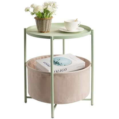 danpinera Round Side Table with Fabric Storage Basket, Small Coffee Table | Metal End Stand with Removable Serving Tray, Modern Nightstand for Small Space, Living Room, Bedroom, Nursery, Light Green - color: Light Green
