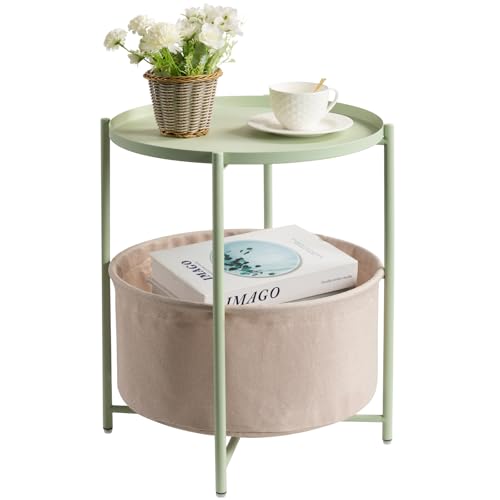 danpinera Round Side Table with Fabric Storage Basket, Small Coffee Table | Metal End Stand with Removable Serving Tray, Modern Nightstand for Small Space, Living Room, Bedroom, Nursery, Light Green - color: Light Green