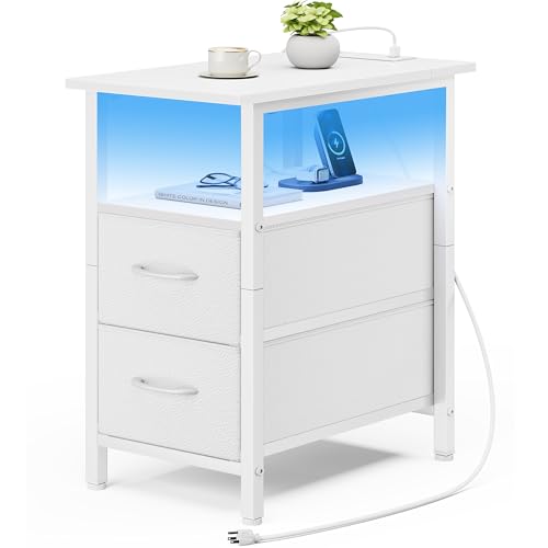 Vagusicc White Nightstand with Charging Station and LED Lights, Narrow Side Table, LED Night Stand with 2 Fabric Drawers, Bedside Table with USB Ports and Outlets, Tall Nightstand for Bedroom, White - color: White, size: 1, style: With LEDs