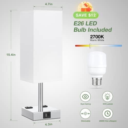 Touch Table Lamps Set of 2 for Bedroom - Dimmable, USB C+A, 2 AC Outlets | 3-Way Dimming, 3000K LED Bulbs Included, Square White Lampshade Silver Base, Small Bedside Lamp for Nightstand, Desk, Dorm - color: White-Silver
