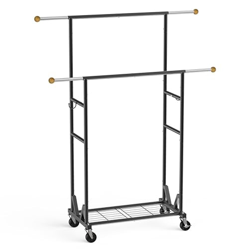 Rolling Garment Rack - Double Rod Clothes Rack with Lockable Casters, Mesh Storage Shelf & Anti-Slip Wooden Finials accented - Sleek Black Freestanding Closet Organizer for Coats, Dresses - color: 1-Tier (59.5 H")