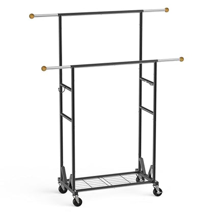 Rolling Garment Rack - Double Rod Clothes Rack with Lockable Casters, Mesh Storage Shelf & Anti-Slip Wooden Finials accented - Sleek Black Freestanding Closet Organizer for Coats, Dresses - color: 1-Tier (59.5 H")