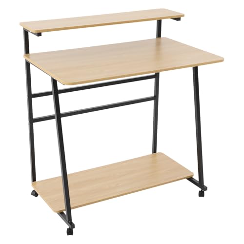 3 Tiers Rolling Computer Desk, 31.5 Inch Home Office Desk with 4 Wheels & 4 Foot Pads, Mobile Small Computer Desk, Student Study Table for Small Space Bedroom (Black+Log Color) - color: Black+log Color